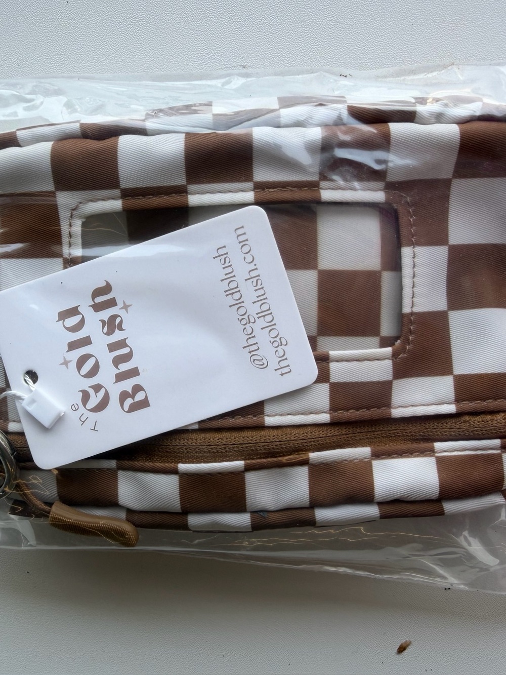 Brown & White Checkered Cosmetic Pouch